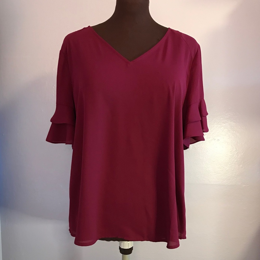 NWT Worthington L 3/4 Ruffled Sleeve Wine Blouse